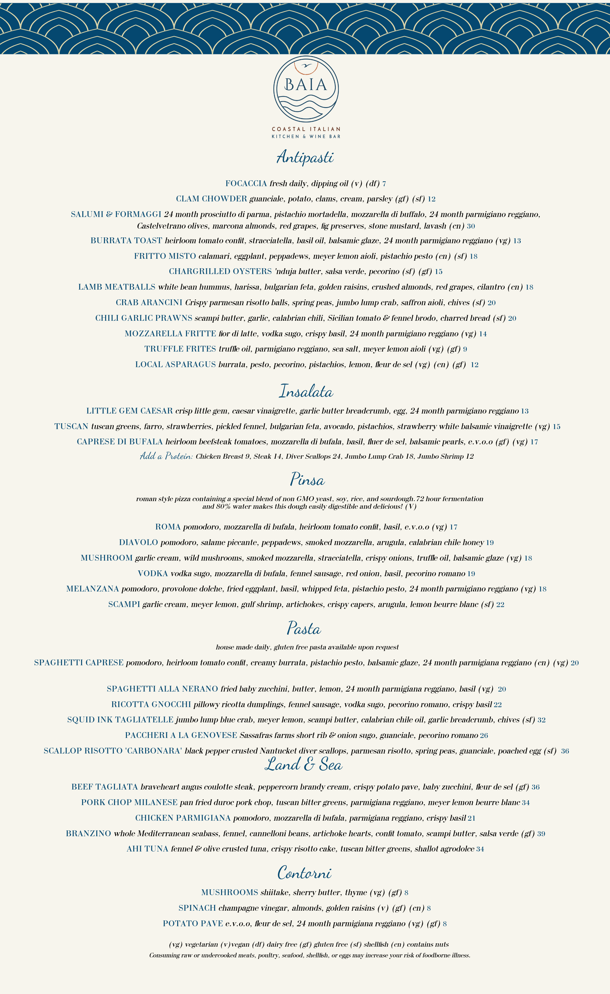 Menu - Baia Coastal Italian